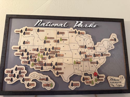 Customer photo review of US Wooden National Parks Travel Map With Trees To Record Park Visits (Light Grey)