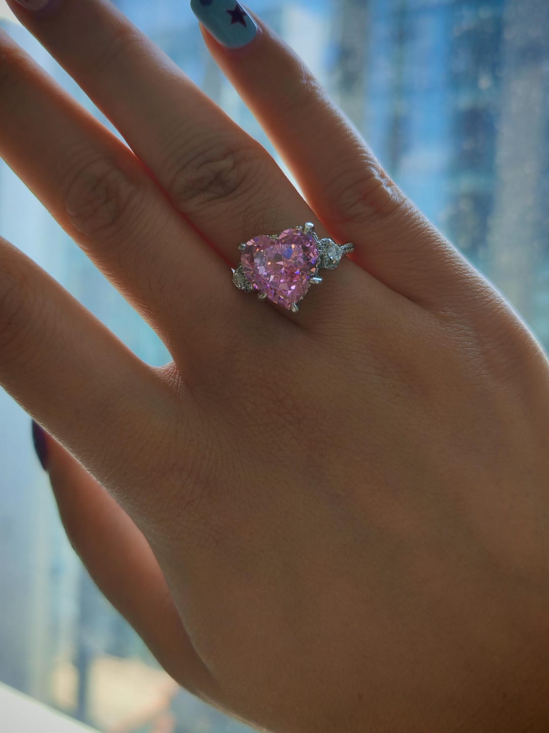 Customer photo review of S925 5.0Ct Heart Cut Royal Romantic Pink Stone Heart Cut Engagement Ring In Sterling Silver