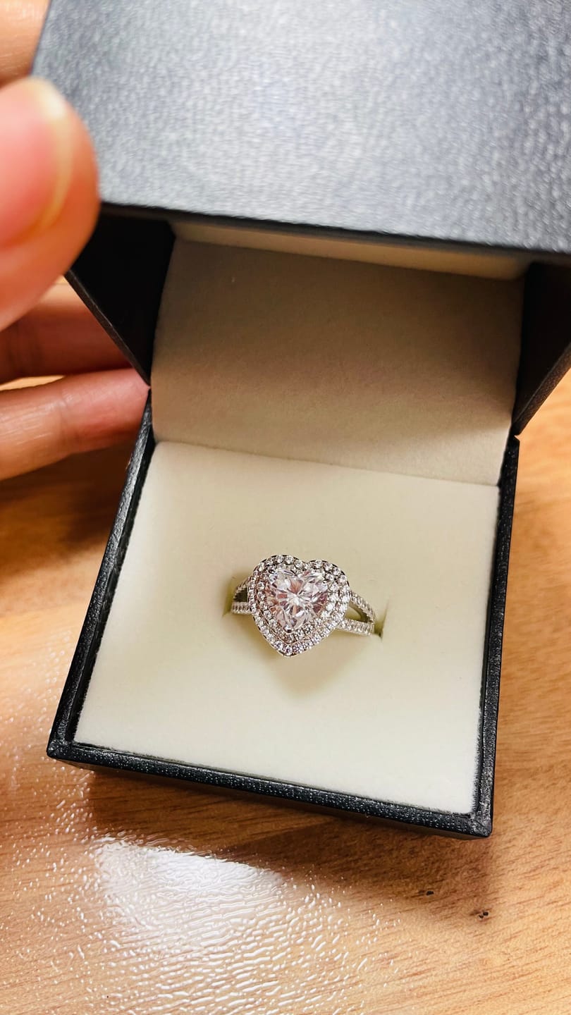 Customer photo review of 2.0Ct Halo Heart Cut Promise Ring Split Shank Travel Ring In Sterling Silver