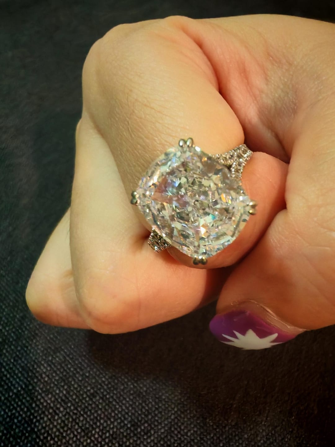 Customer photo review of S925 7.0Ct/4.0Ct Split Shank Cushion Cut Engagement Ring 18K White Gold Plated Travel Rings with Pavé Accents