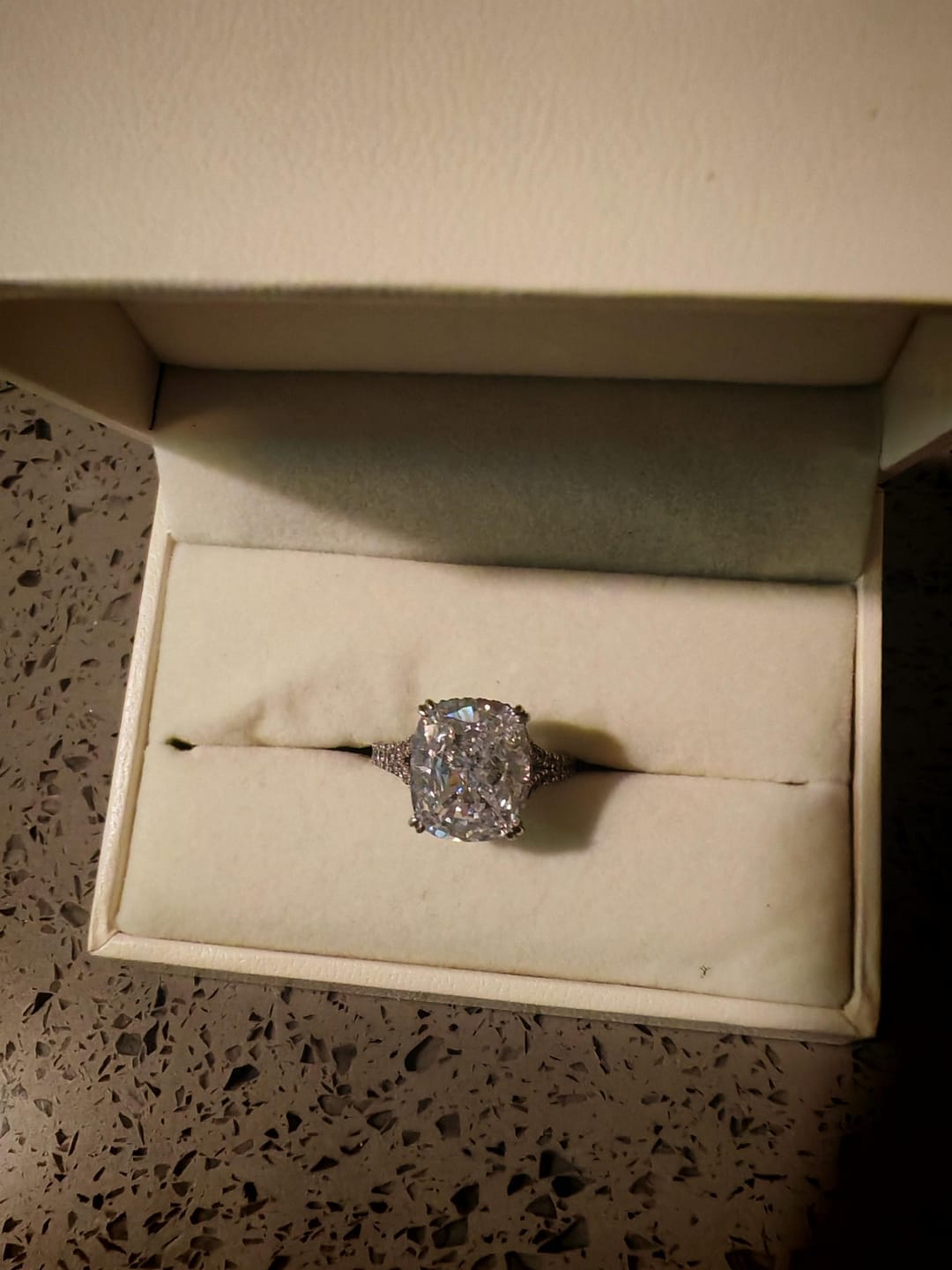 Customer photo review of S925 7.0Ct/4.0Ct Split Shank Cushion Cut Engagement Ring 18K White Gold Plated Travel Rings with Pavé Accents