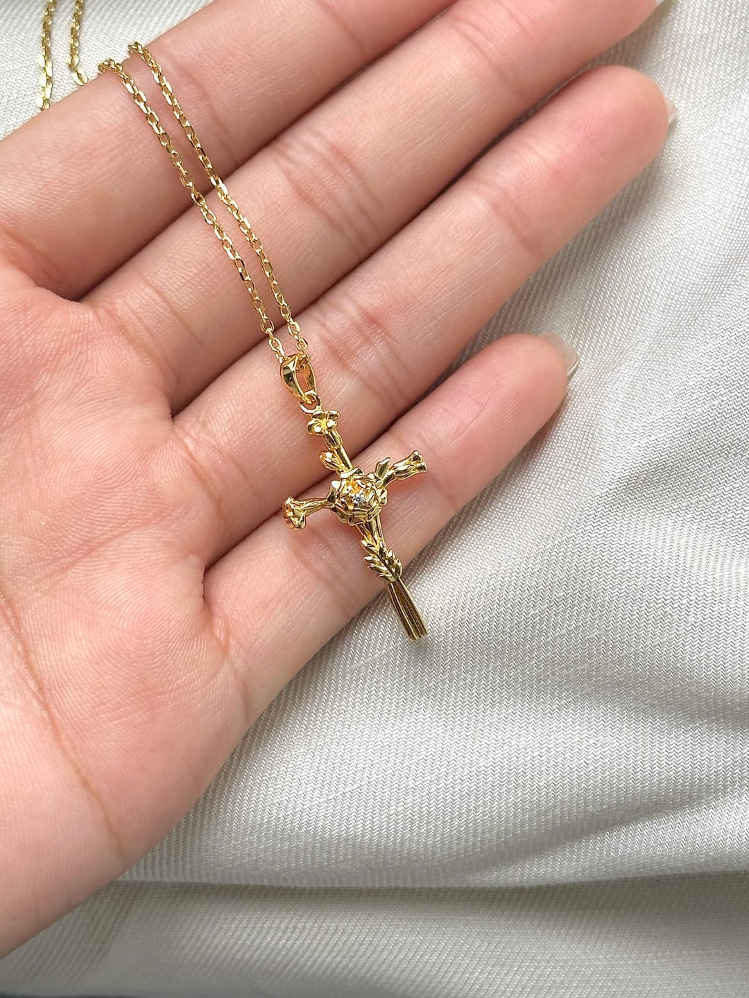 Customer photo review of Floral Cross October Marigold Birth Flower Necklace