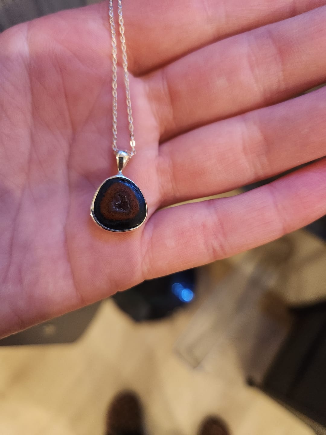Customer photo review of Geode Mini Bezel Pendant Necklace with 16-18" Adjustable Sterling Silver Chain