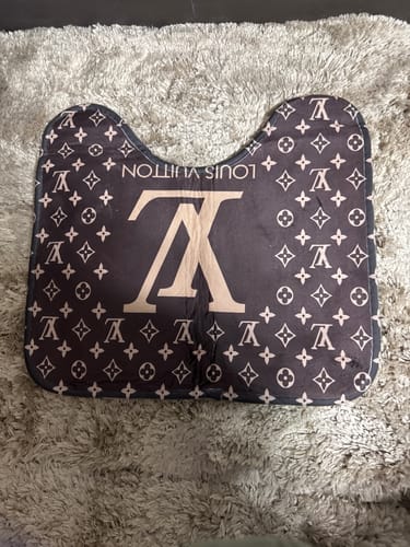 Customer photo review of Brown Louis Vuitton shower curtain and bathroom set