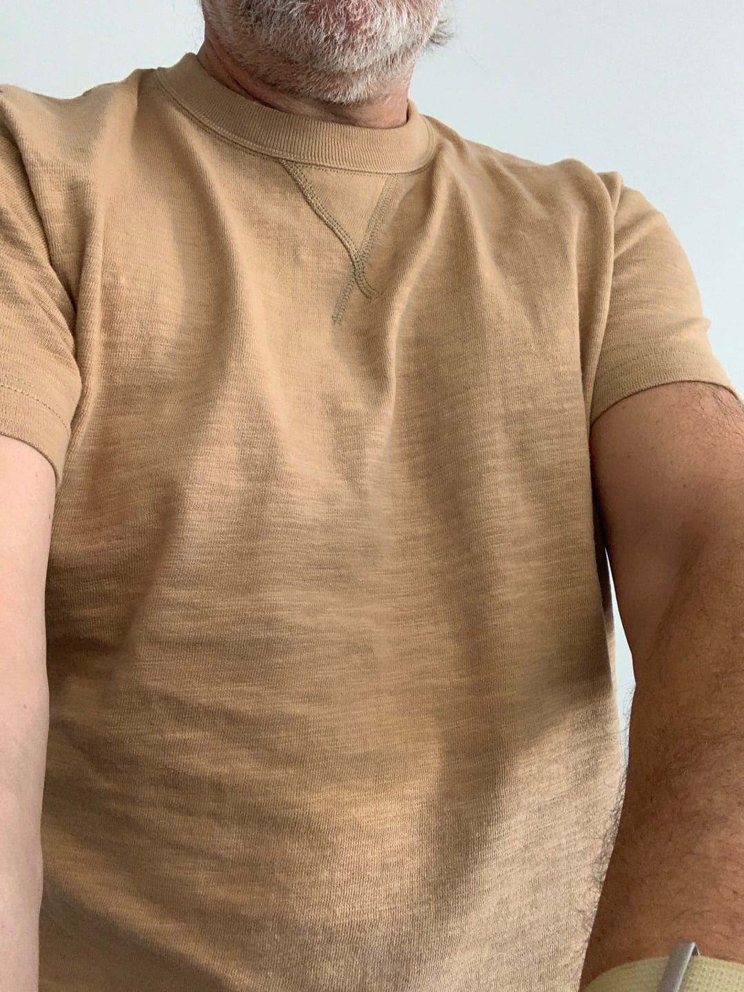 Customer photo review of 10.5 oz Cotton Tubular Gusset T-Shirt - Sand