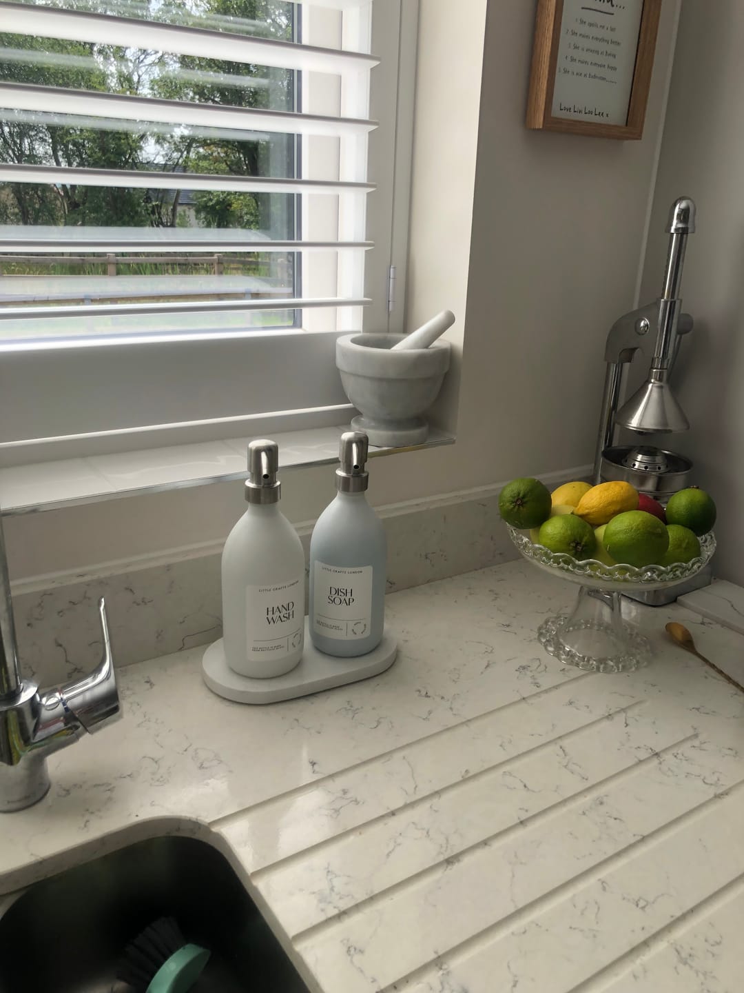 Customer photo review of Set of 2 Milky White Glass Bottle 500 ML with Stainless Steel Pump & Small Tray (White Label)