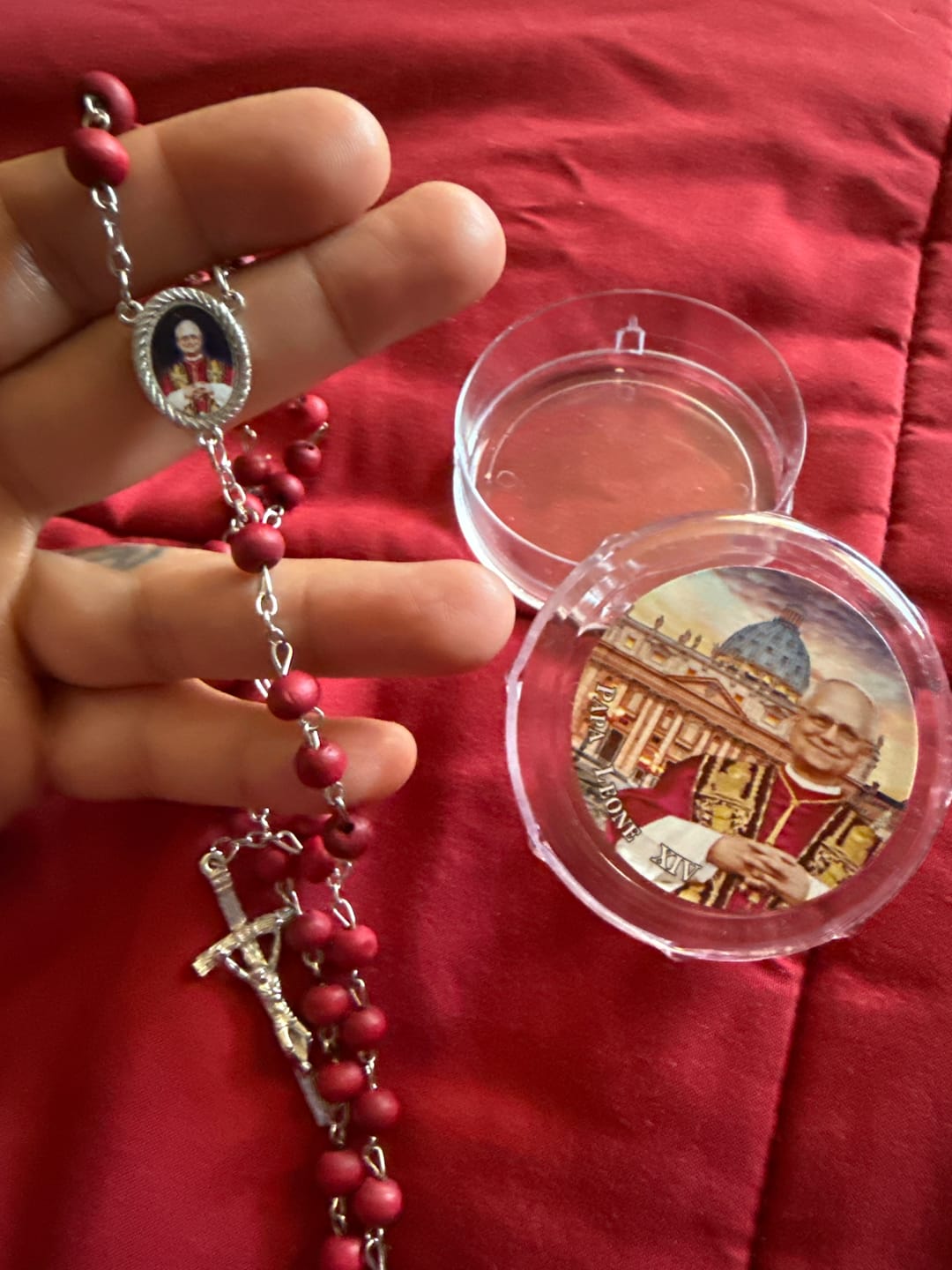 Customer photo review of FREE Today: Pope Leo XIV Red Wood Beads Rosary Commemorating: A Spiritual Treasure