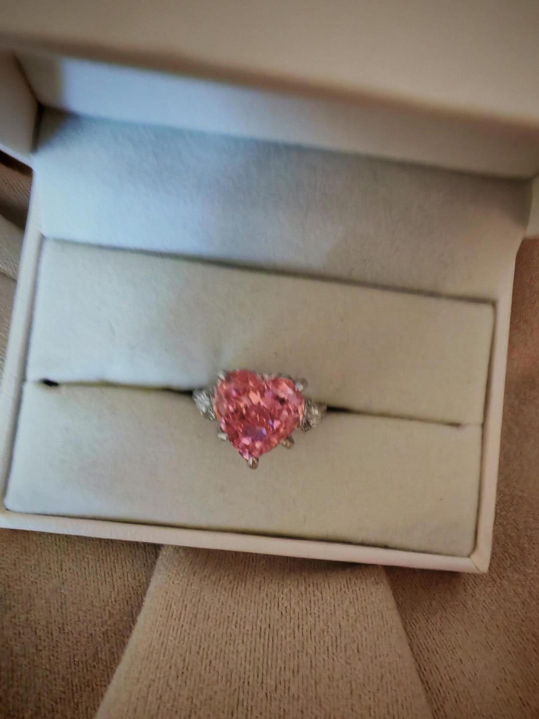 Customer photo review of S925 5.0Ct Heart Cut Royal Romantic Pink Stone Heart Cut Engagement Ring In Sterling Silver
