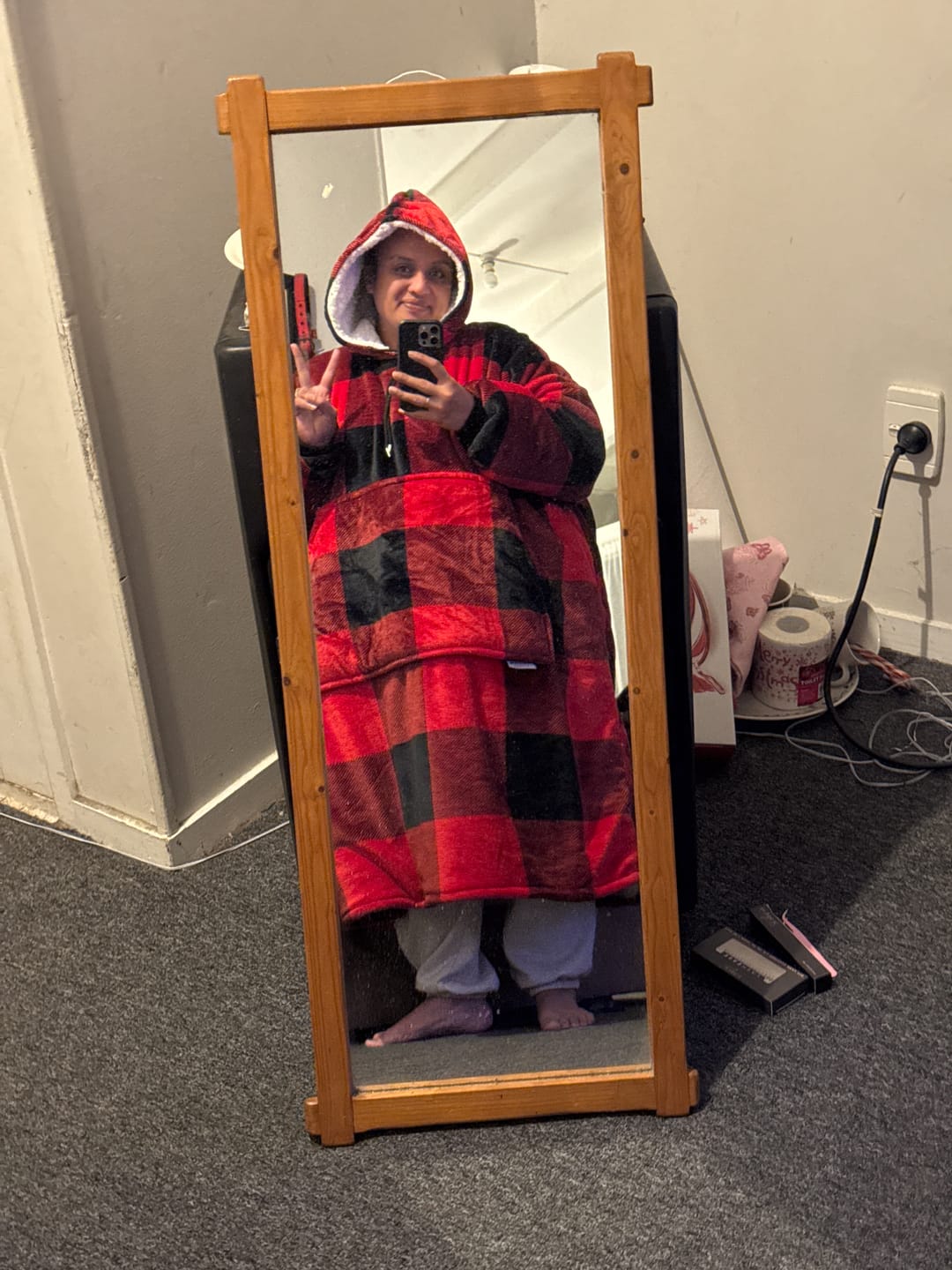 Customer photo review of EXTRA LONG ADULTS BLANKET HOODIE - RED PLAID