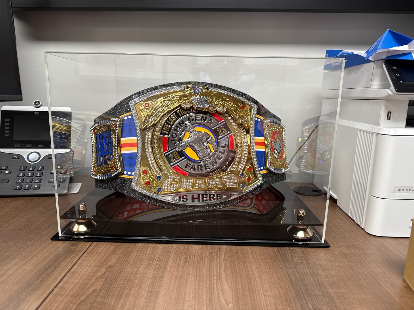 Customer photo review of Clear Acrylic Wrestling Belt Display Case (A014)