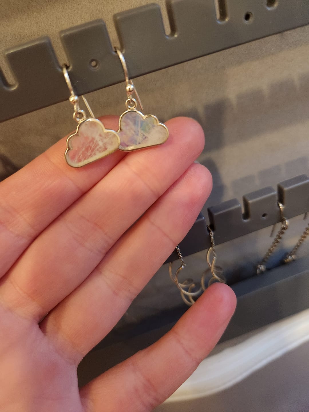 Customer photo review of Rainbow Moonstone Cloud Sterling Silver Earrings 0.5"