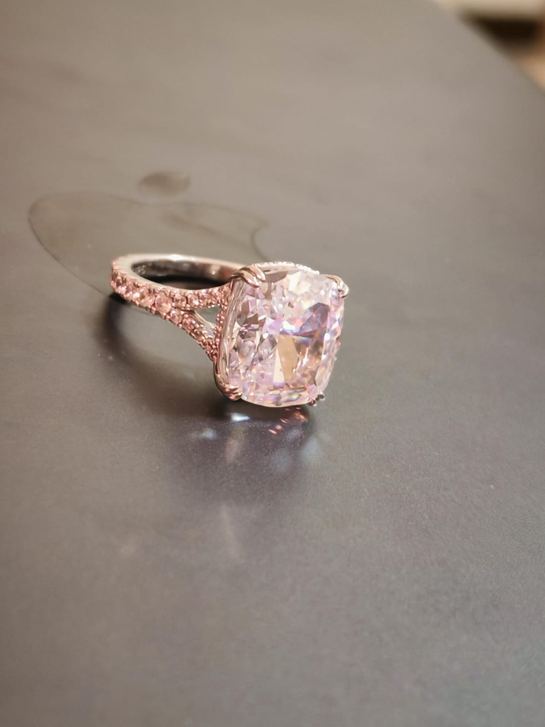Customer photo review of S925 7.0Ct/4.0Ct Split Shank Cushion Cut Engagement Ring 18K White Gold Plated Travel Rings with Pavé Accents