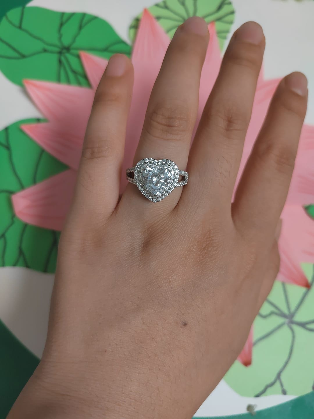 Customer photo review of 2.0Ct Halo Heart Cut Promise Ring Split Shank Travel Ring In Sterling Silver