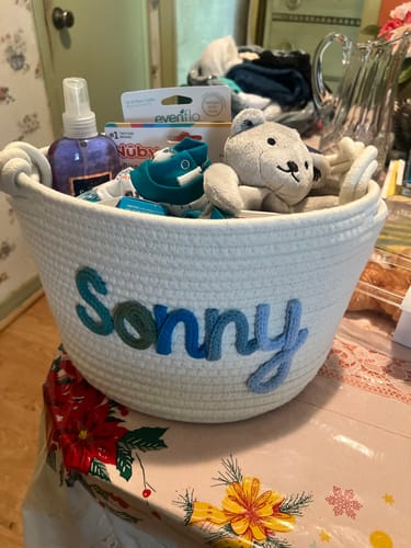 Customer photo review of Baby Knits™  Multicolor Personalized Knitted Basket