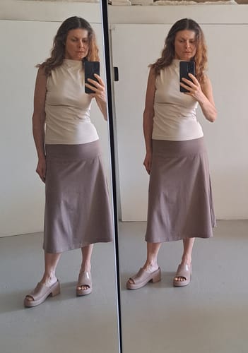 Customer photo review of Marilyn Flowy Midi Skirt • Final Sale Deals! - Toasted Almond