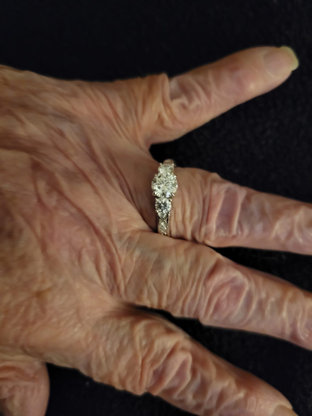 Customer photo review of Vintage Three Stone Moissanite Scroll Filigree Engagement Ring