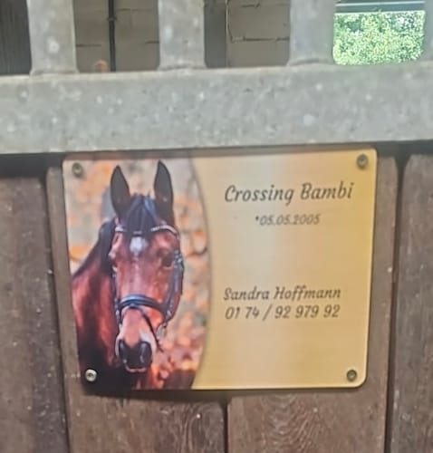 Customer photo review of Pferde Boxenschild mit Foto & Wunschtext (UV- und wetterfest)