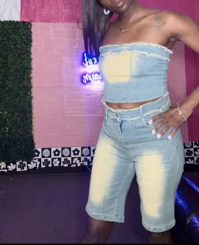 Customer photo review of Indiebeautie Denim Tube Top & Bermuda Shorts Set