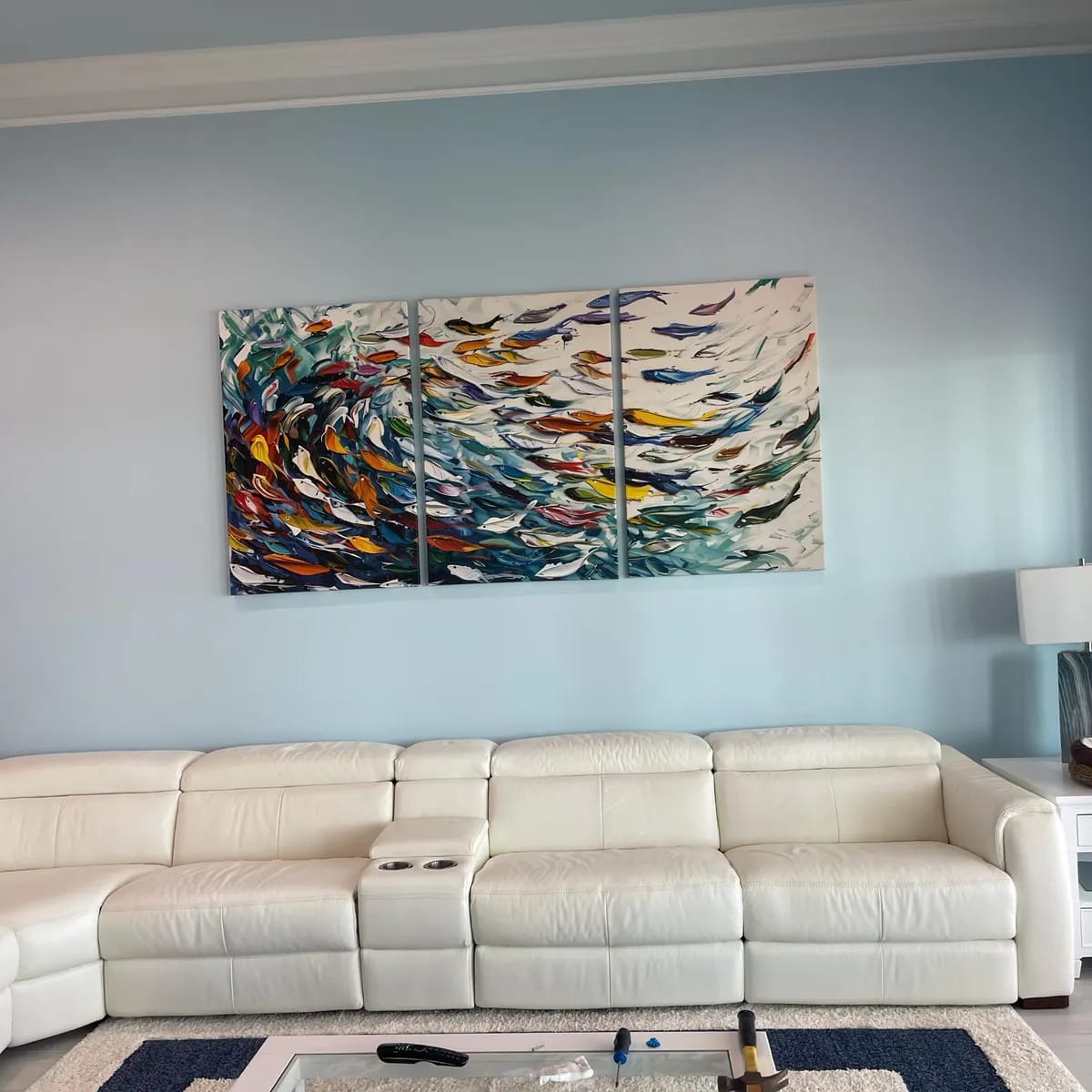 Customer photo review of Modern Abstract Fish Shoal Wall Art Canvas Print, Colorful Fish Herd Painting on Canvas Print, Ocean Animal Artwork Ready to Hang Home Decor
