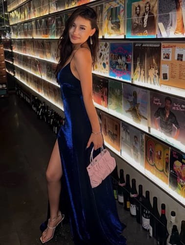 Customer photo review of Lauren Elegance Navy Velvet Lace-Up Back Evening Dress