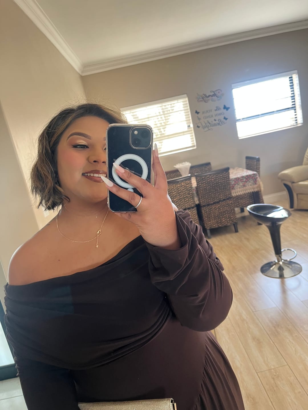 Customer photo review of Chocolate Brown Long Sleeved Off-Shoulder Drop Waist Dress