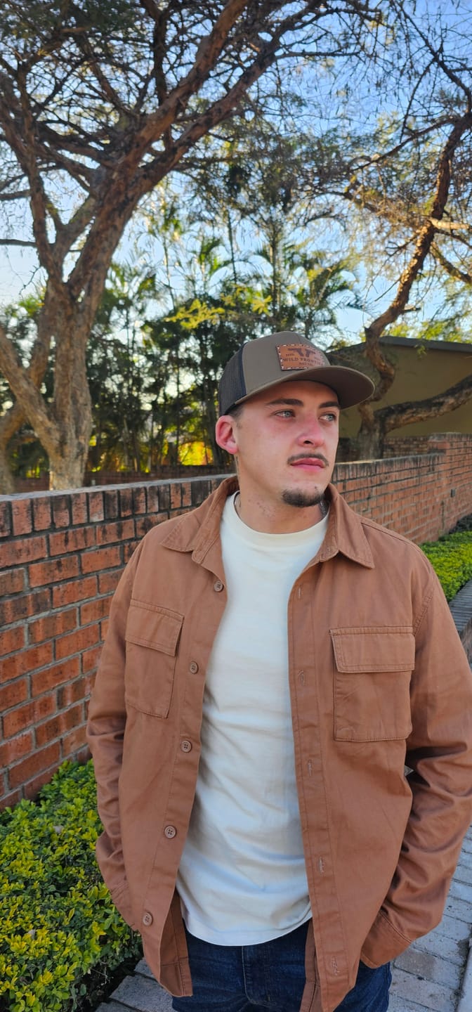 Customer photo review of -Twin Fire- in Coyote/Black trucker with beige thread