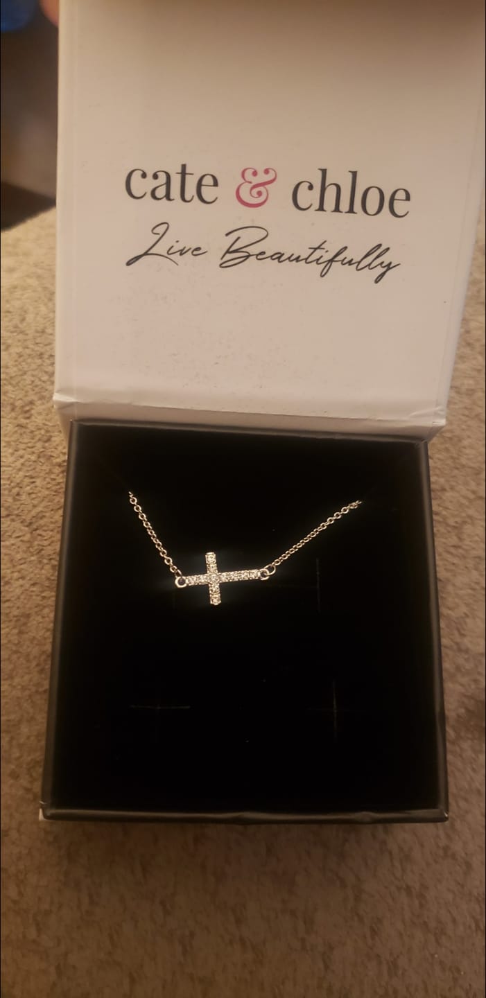 Customer photo review of Joy 18k White Gold Plated Cross Pendant Necklace with Swarovski Crystals