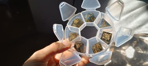 Customer photo review of URWizards D&D Labradorite Engraved Dice Set Bow of Elven