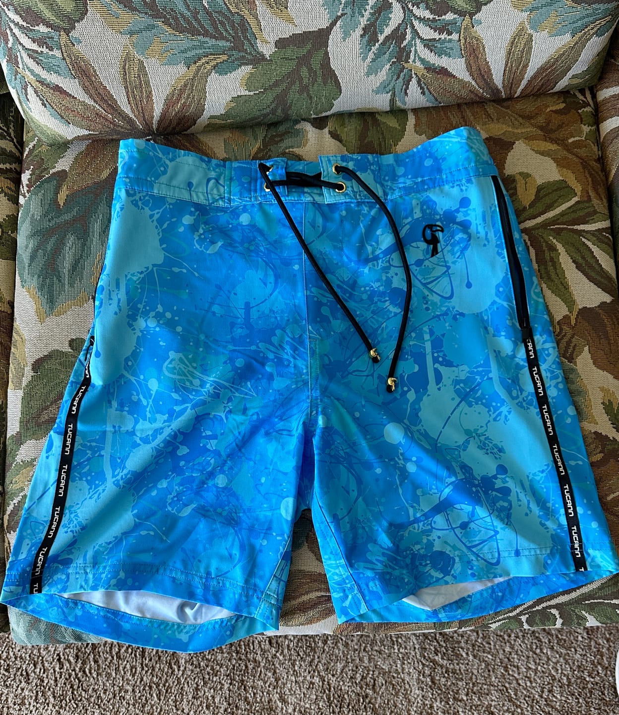 Customer photo review of Splatter Swim Shorts Blue - 7"