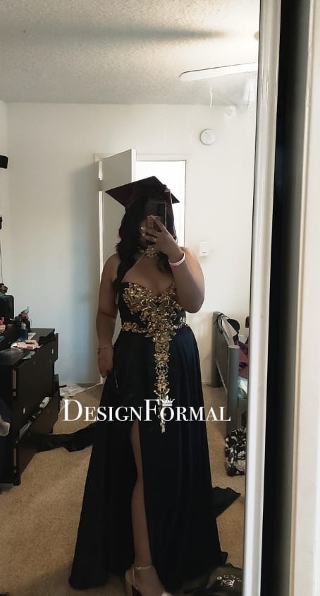 Customer photo review of Dramatic Gold Black Shimmery Gold Applique Choker Prom Dress