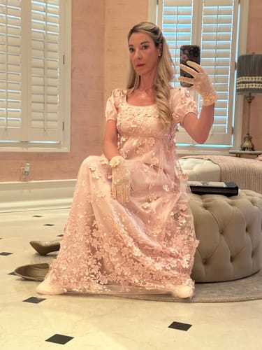 Customer photo review of Bridgerton Daphne Blue Pink Lilac Lace Dress With Beading- Regency Era Blue Lace Dress Plus Size