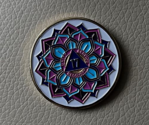Customer photo review of 1 to 50 Year Sobriety Mint 'In Bloom' Lotus Flower Gold Plated AA Recovery Medallion/Chip/Coin - White