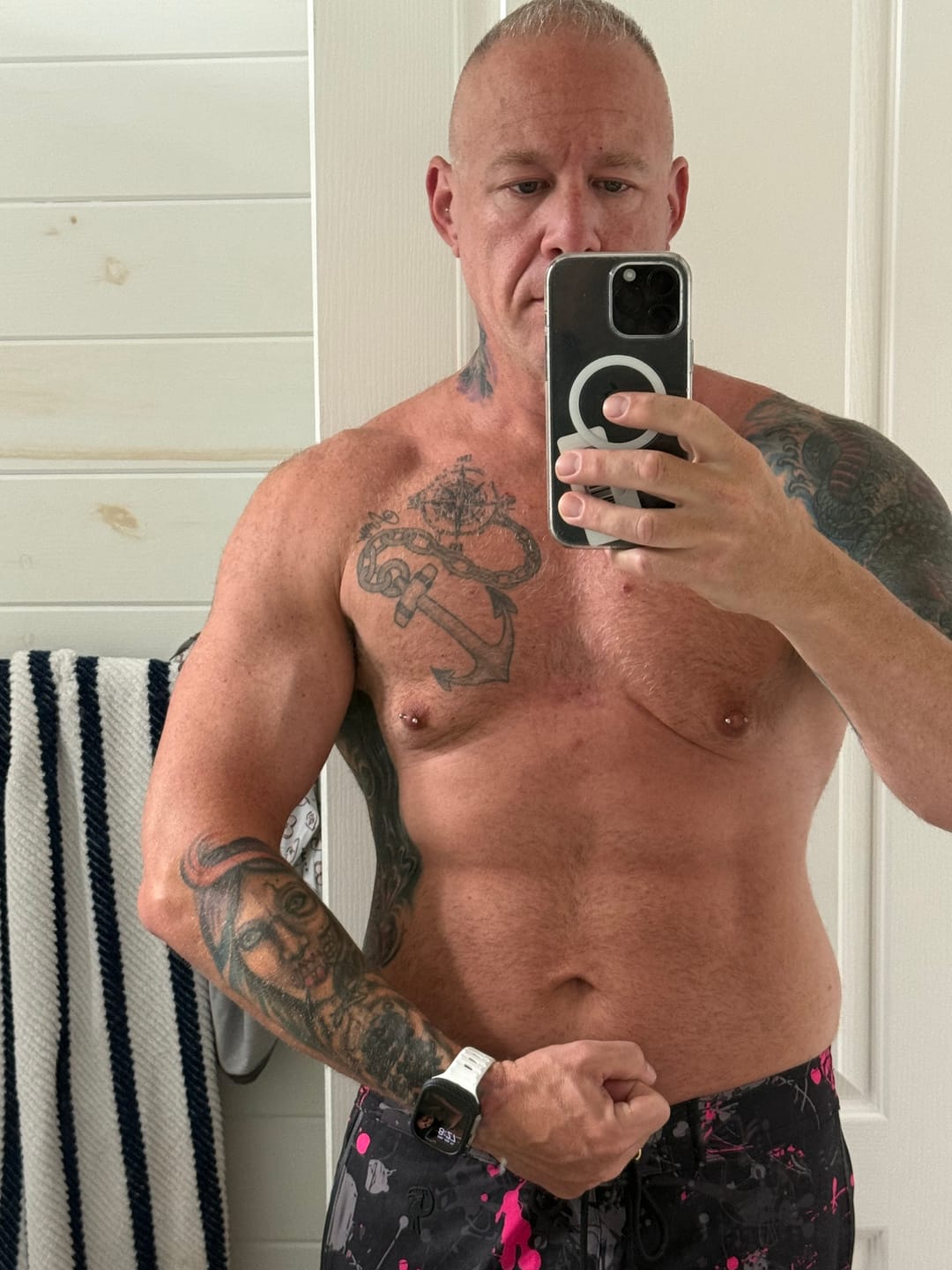 Customer photo review of Splatter Swim Shorts Blue - 5"