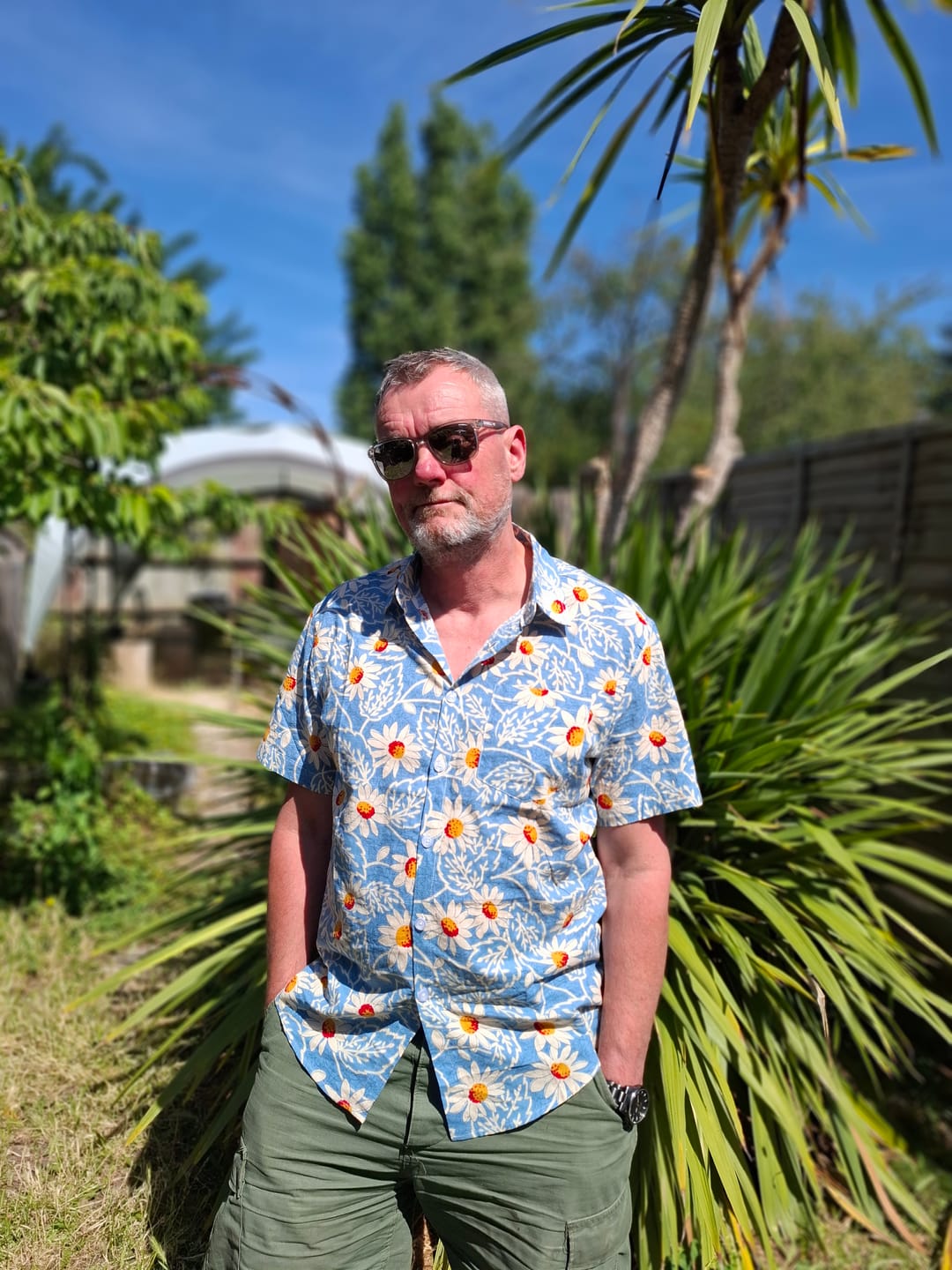 Customer photo review of Men's Retro Beach Hawaiian Cotton Holiday Button Up Blue Short Sleeve Floral Shirt