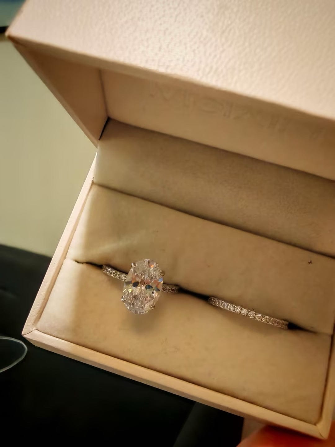 Customer photo review of S925 4.0 Carat Oval Cut Wedding Ring Set With Hidden Halo Promise Ring Classic Half Wedding Band
