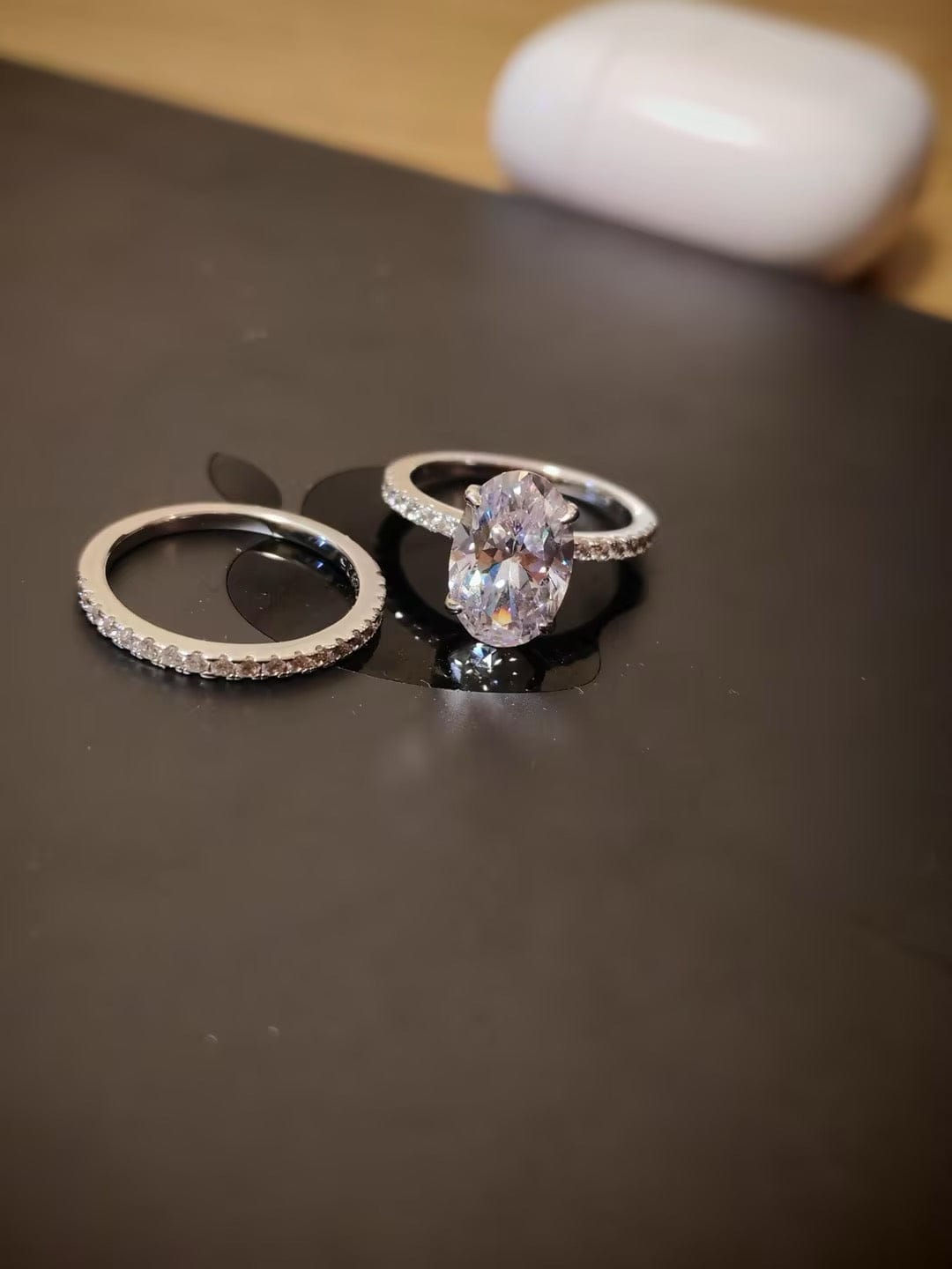 Customer photo review of S925 4.0 Carat Oval Cut Wedding Ring Set With Hidden Halo Promise Ring Classic Half Wedding Band