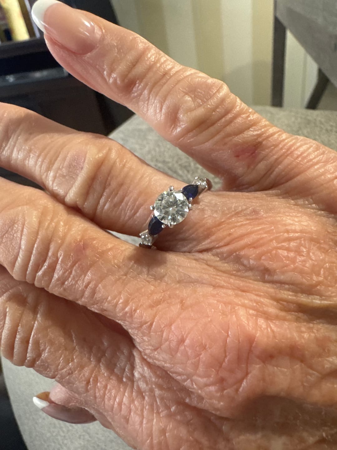 Customer photo review of Five Stone Moissanite And Sapphire Engagement Ring