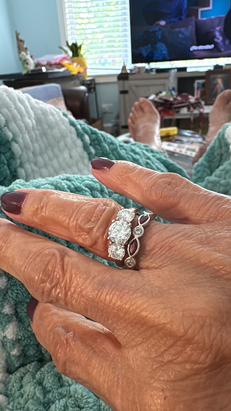 Customer photo review of Classic Three Stone Round Cut Moissanite Engagement Ring