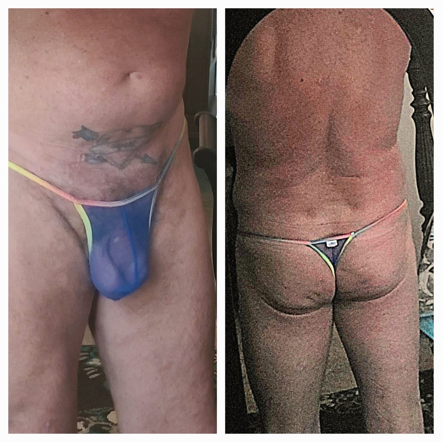 Customer photo review of 3-pack Men's Sexy Rainbow Transparent Convex Pouch Breathable Thong