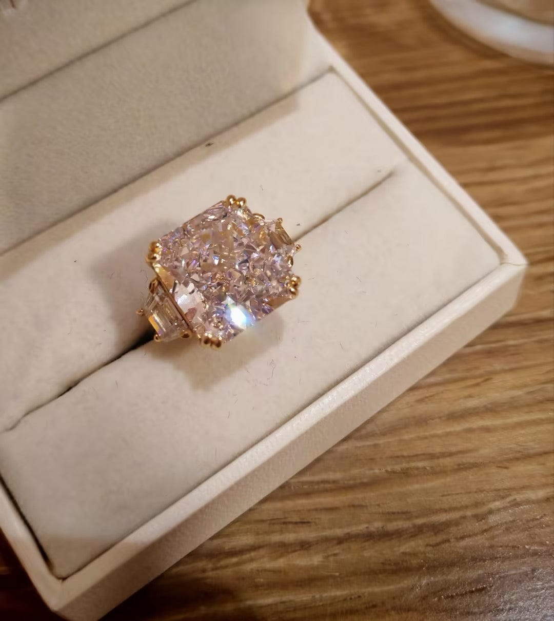 Customer photo review of S925 6.5/12.0 Ct Radiant Cut Crushed Ice Simulated Diamond Three-Stone Engagement Travel Ring