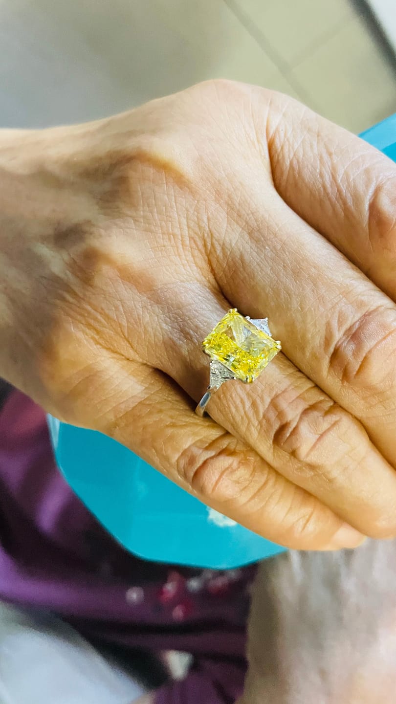 Customer photo review of S925 4.0Ct Radiant & Triangle Cut Yellow Stone Three Stone Engagement Ring In Sterling Silver