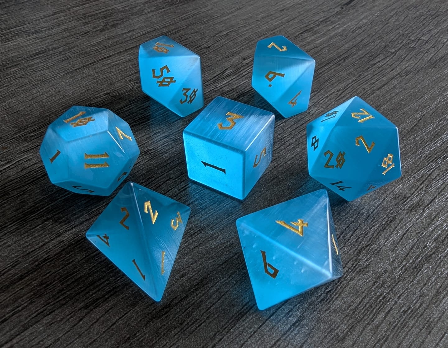 Customer photo review of Aqua Blue Cat's Eye Stone Dice Set
