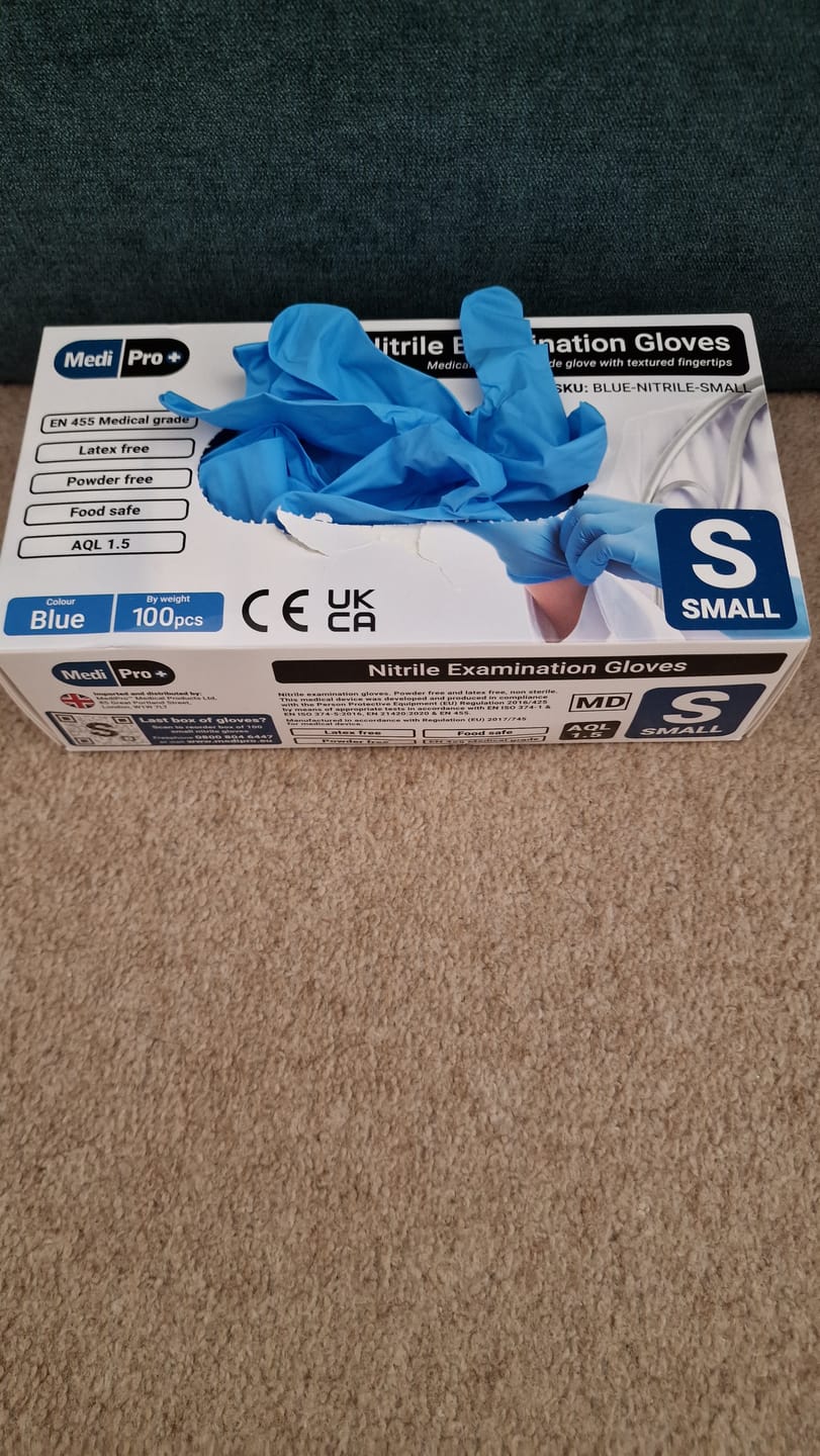 Customer photo review of Blue Nitrile Gloves Medical Grade Cat III PPE Small x 100