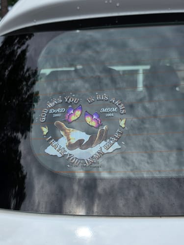 Customer photo review of Memorial Gift Butterfly, God Has You In His Arms, I Have You In My Heart Personalized Decal