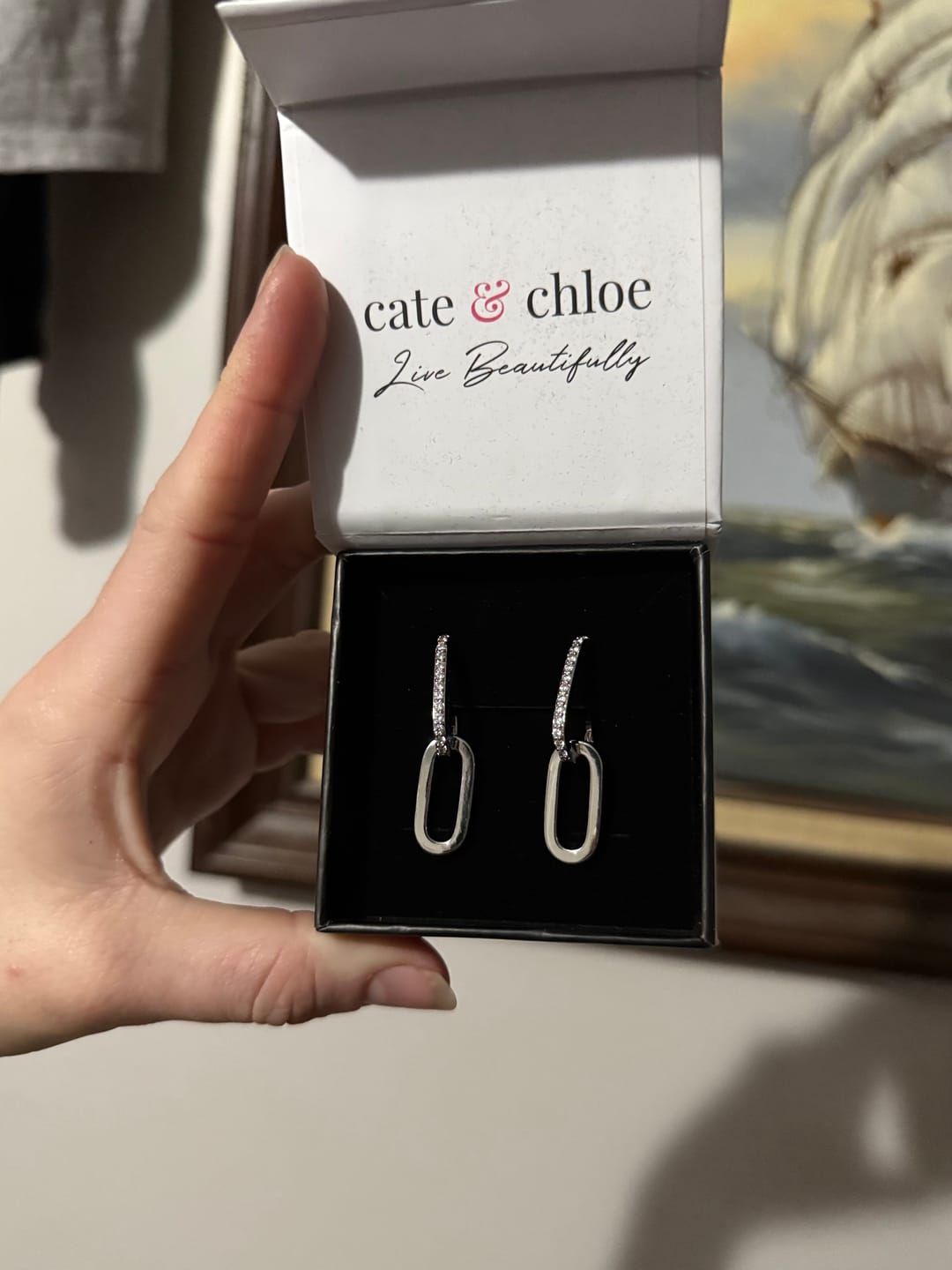 Customer photo review of Remington 18k White Gold Plated Dangle Chain Link Earrings with Swarovski Crystals