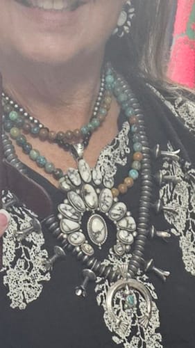 Customer photo review of Navajo Turquoise & Sterling Silver Squash Blossom Necklace