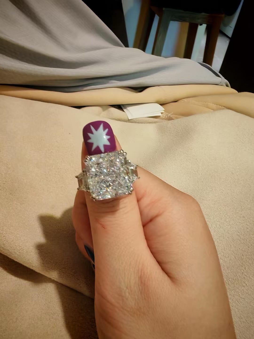Customer photo review of S925 6.5/12.0 Ct Radiant Cut Crushed Ice Simulated Diamond Three-Stone Engagement Travel Ring