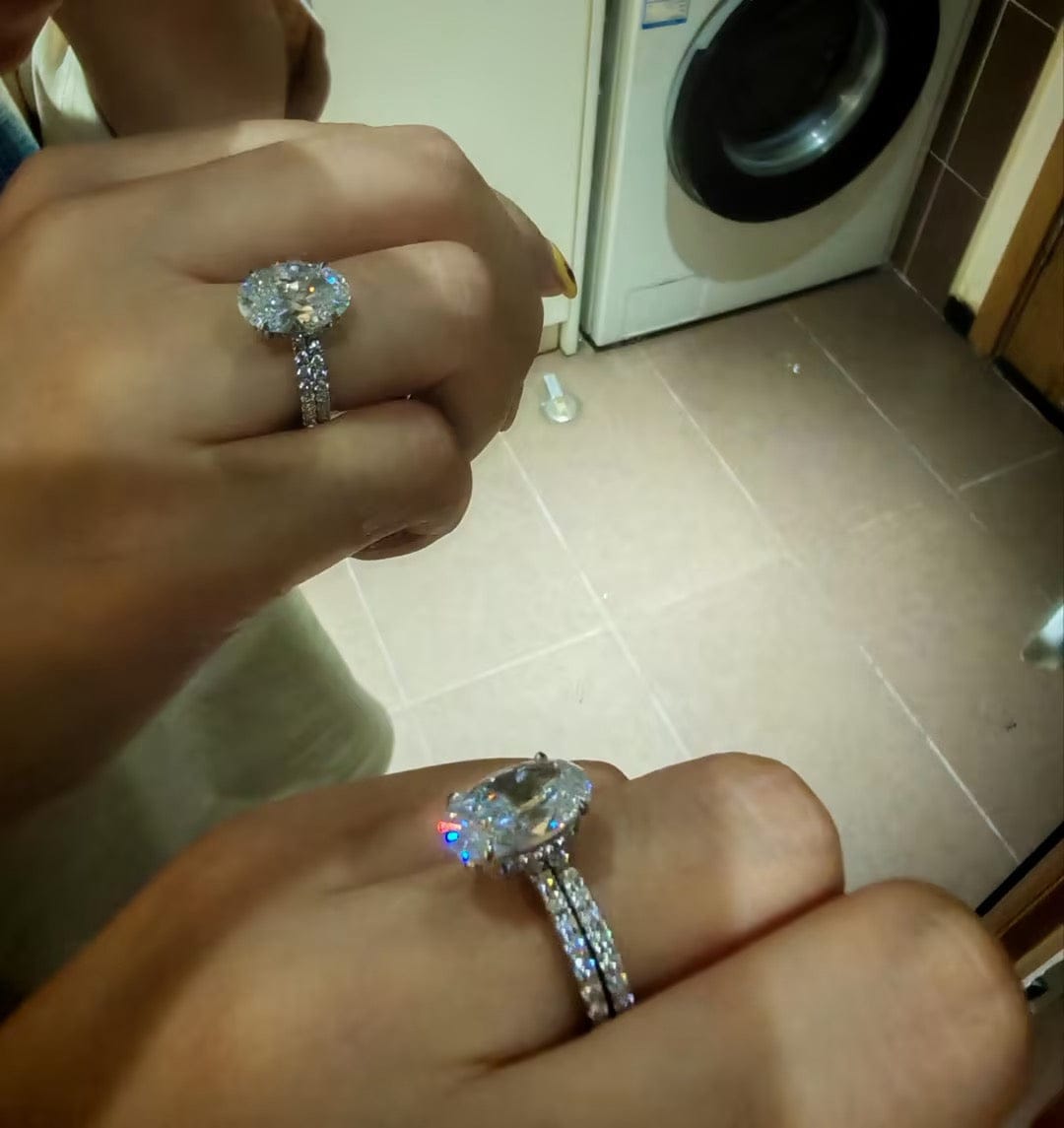 Customer photo review of S925 4.0 Carat Oval Cut Wedding Ring Set With Hidden Halo Promise Ring Classic Half Wedding Band