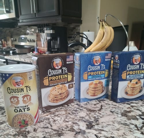 Customer photo review of Cousin T's Gourmet Protein Original Pancake Mix