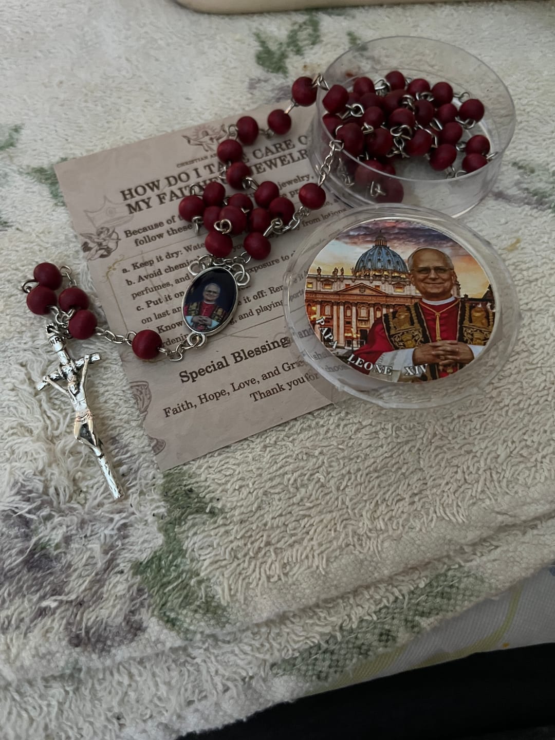 Customer photo review of FREE Today: Pope Leo XIV Red Wood Beads Rosary Commemorating: A Spiritual Treasure